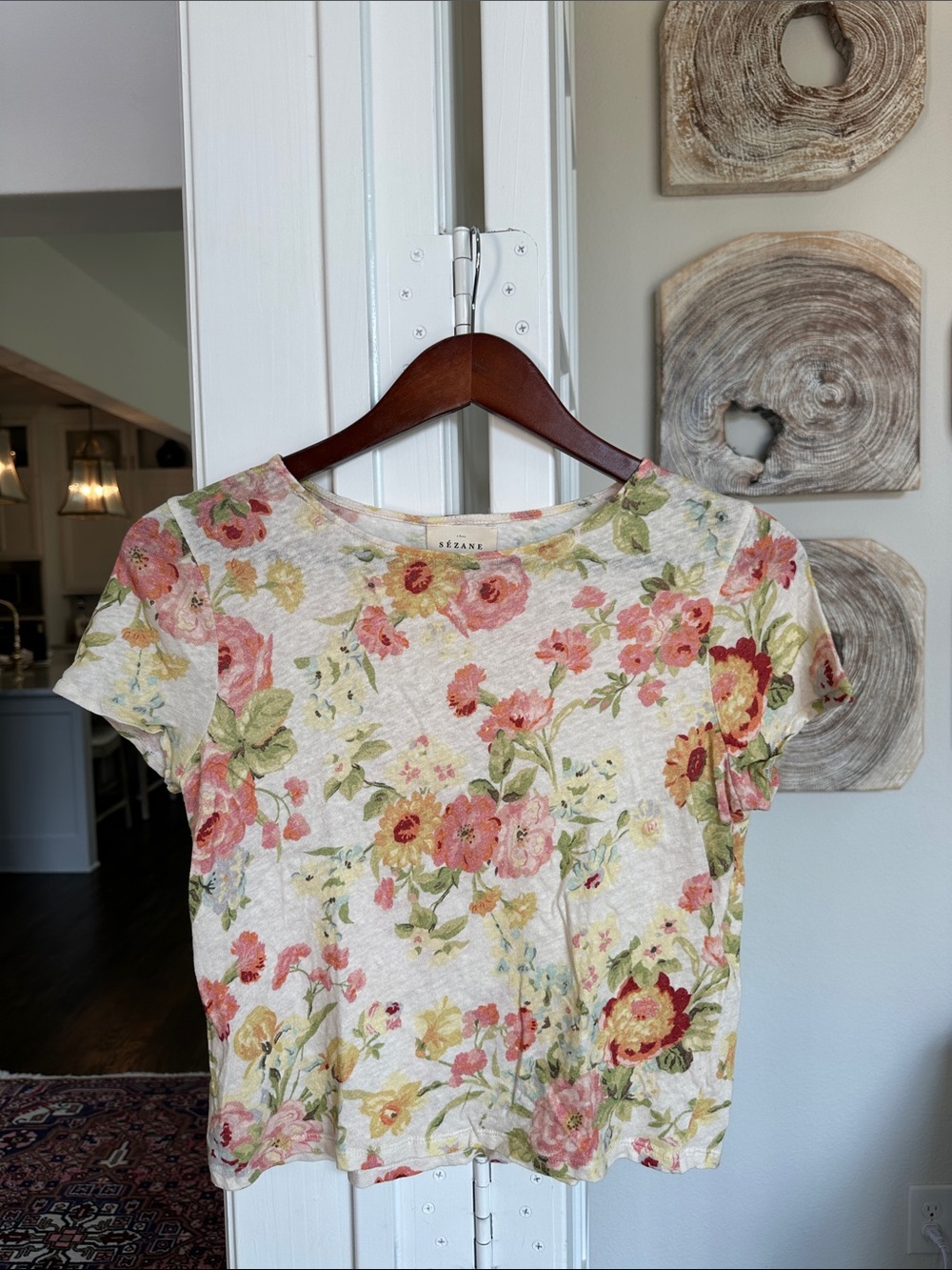 Sézane Cream Floral Short Sleeve Tee with Pink & Green Blooms